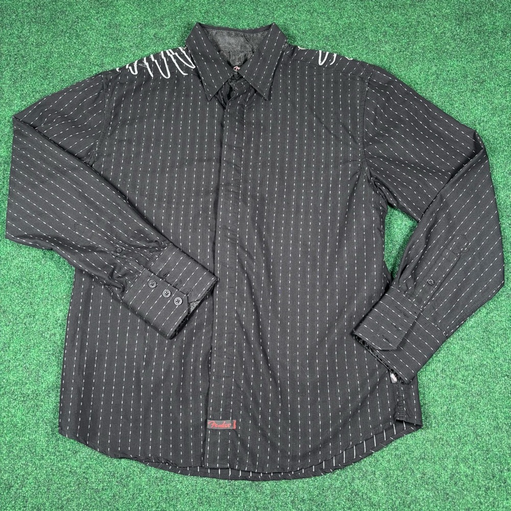 Fender Shirt Mens L Black Stripe Rock & Roll Rebel Embroidered Western Guitar